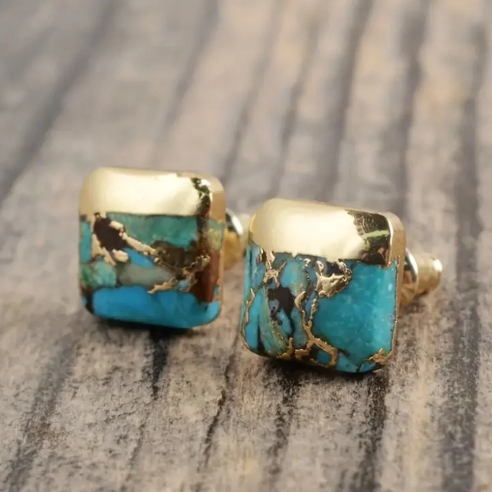 Gold and Turquoise Stud Earrings - Picture 2 of 3
